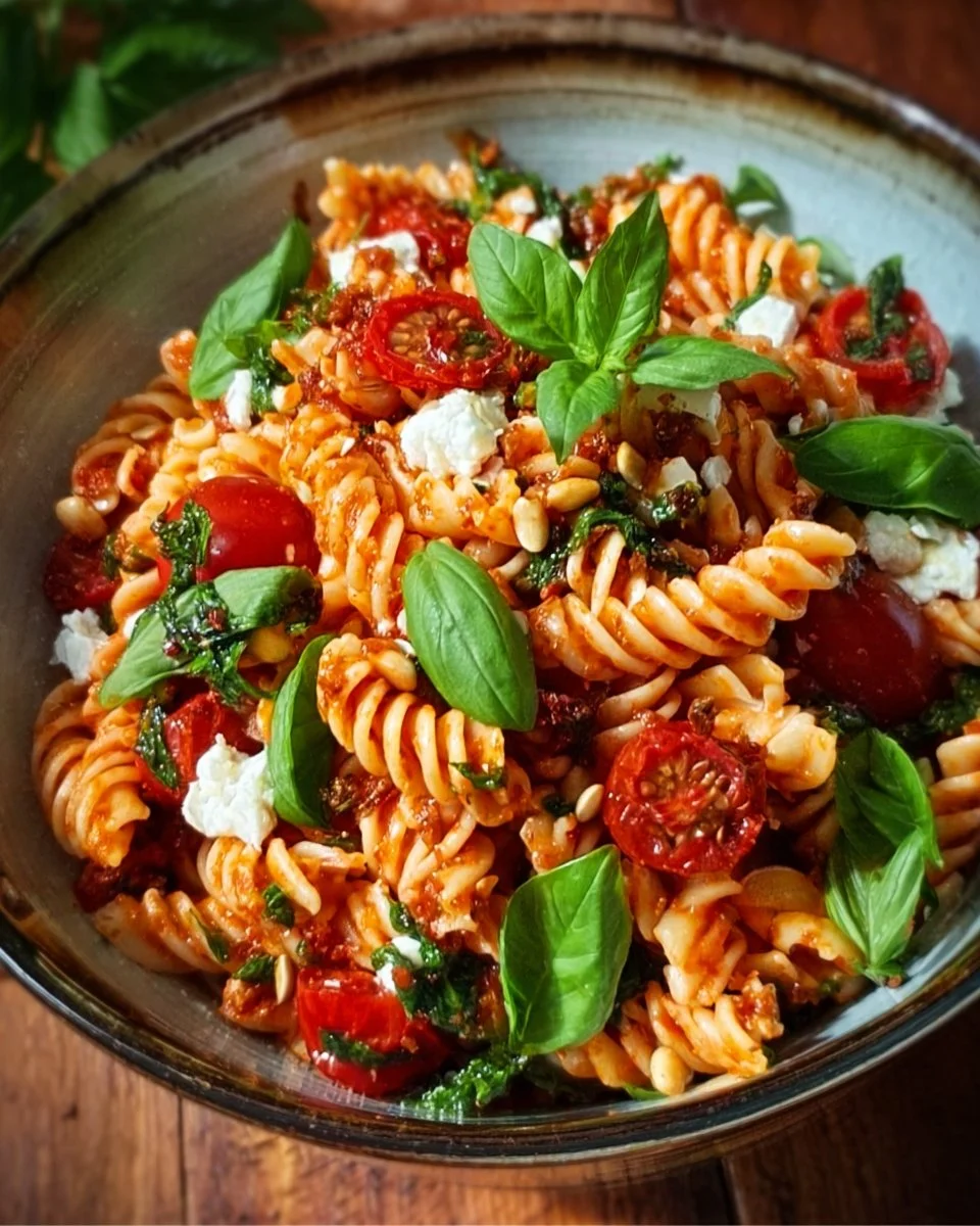 Mediterraner Nudelsalat im italienischen Stil auf einem Teller serviert