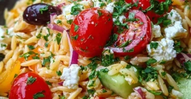 Mediterraner Orzo-Salat mit frischem Gemüse und Kräutern