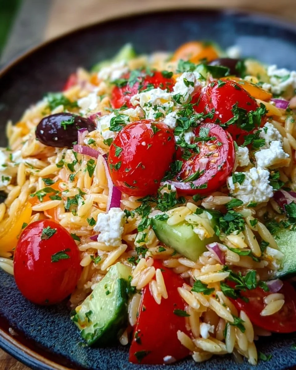 Mediterraner Orzo-Salat mit frischem Gemüse und Kräutern