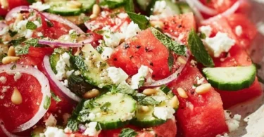 Leckerer Melonen Feta Salat auf einem Teller serviert