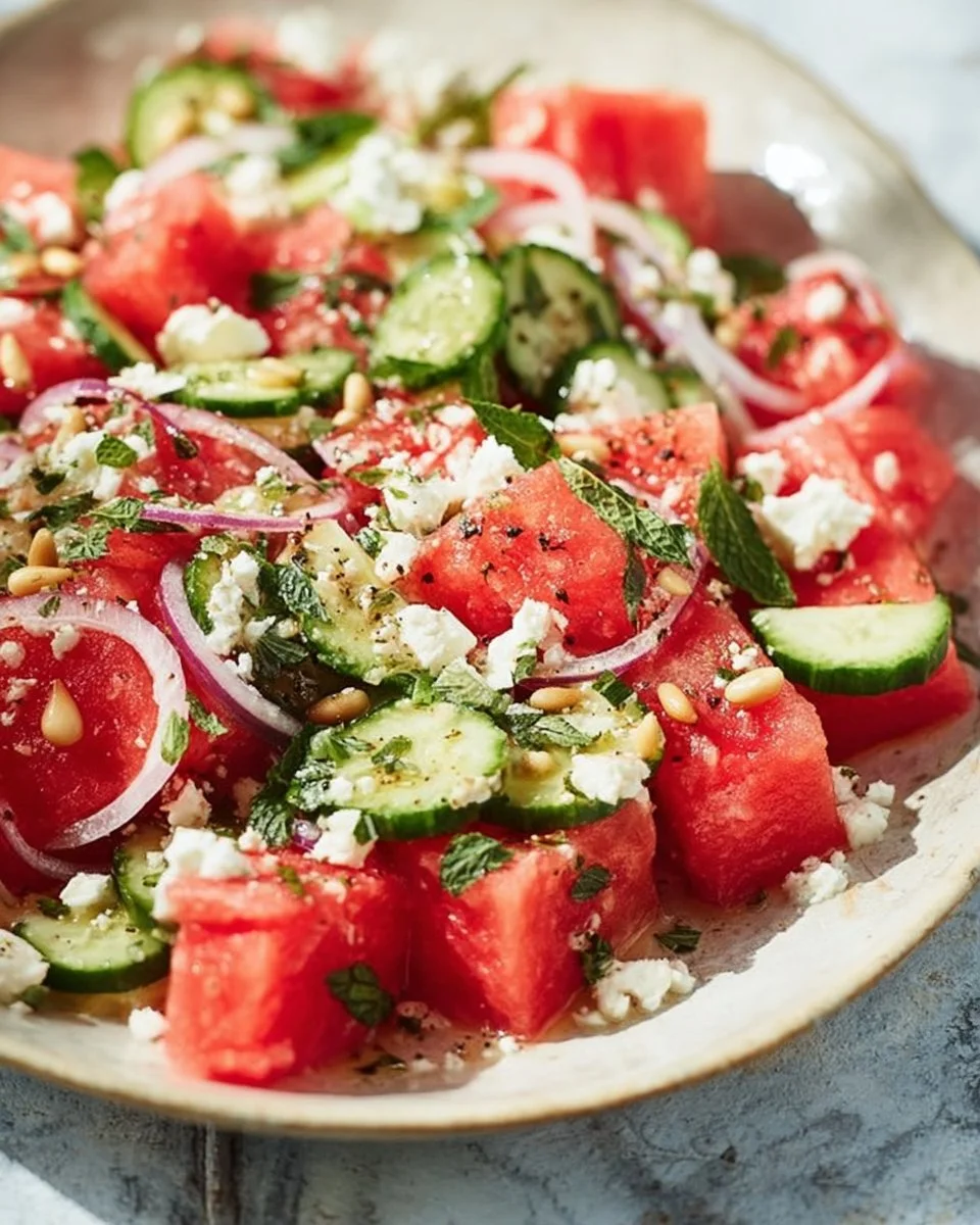 Leckerer Melonen Feta Salat auf einem Teller serviert