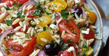 Erfrischender Mittelmeer Orzo Salat auf einem bunten Servierteller.