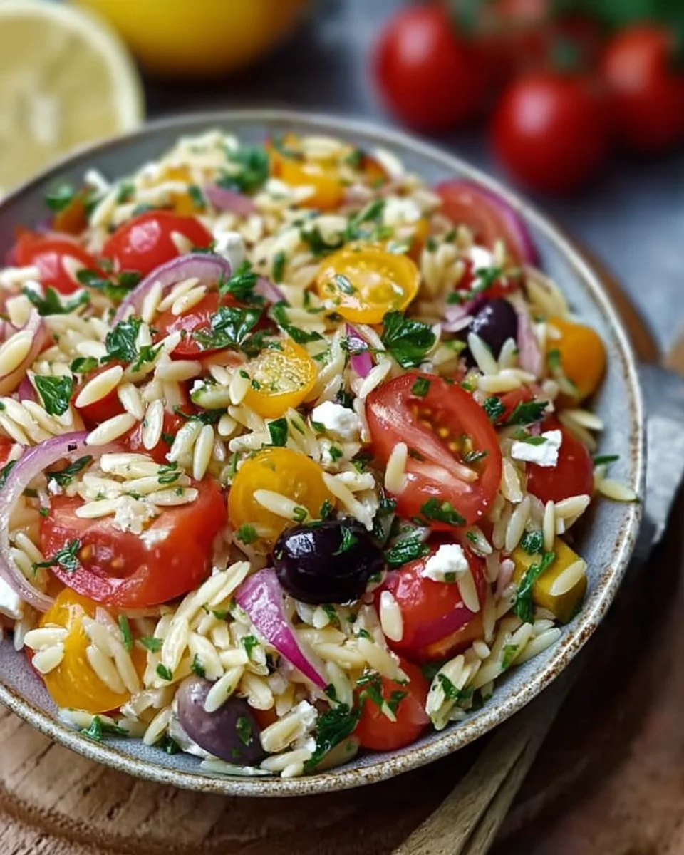 Erfrischender Mittelmeer Orzo Salat auf einem bunten Servierteller.