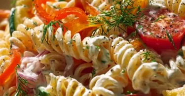 Nudelsalat mit Joghurtsoße auf einem Teller angerichtet