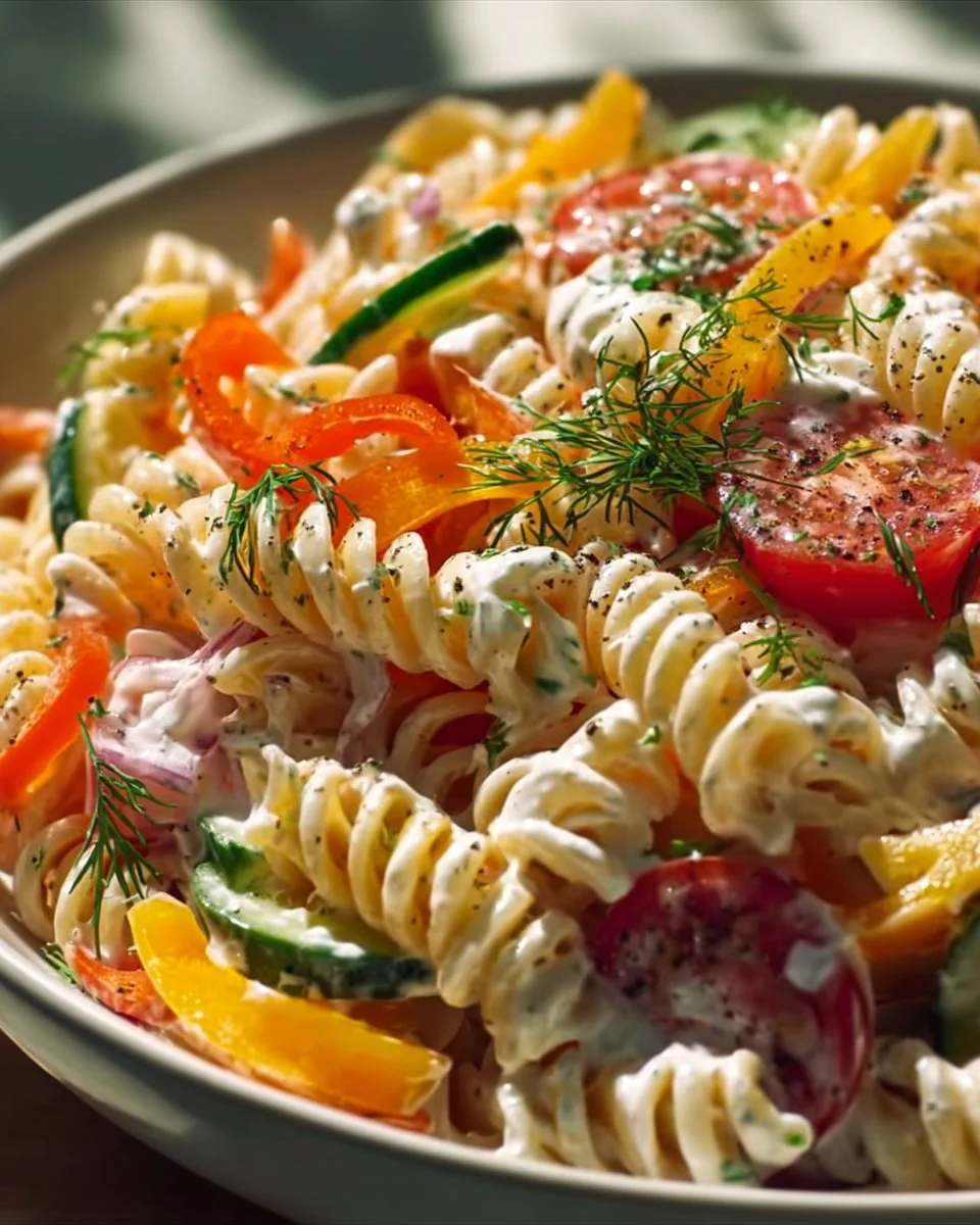 Nudelsalat mit Joghurtsoße auf einem Teller angerichtet