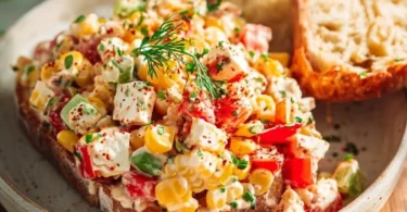 Paprika-Mais-Salat mit Feta und Joghurt auf einem Teller serviert.
