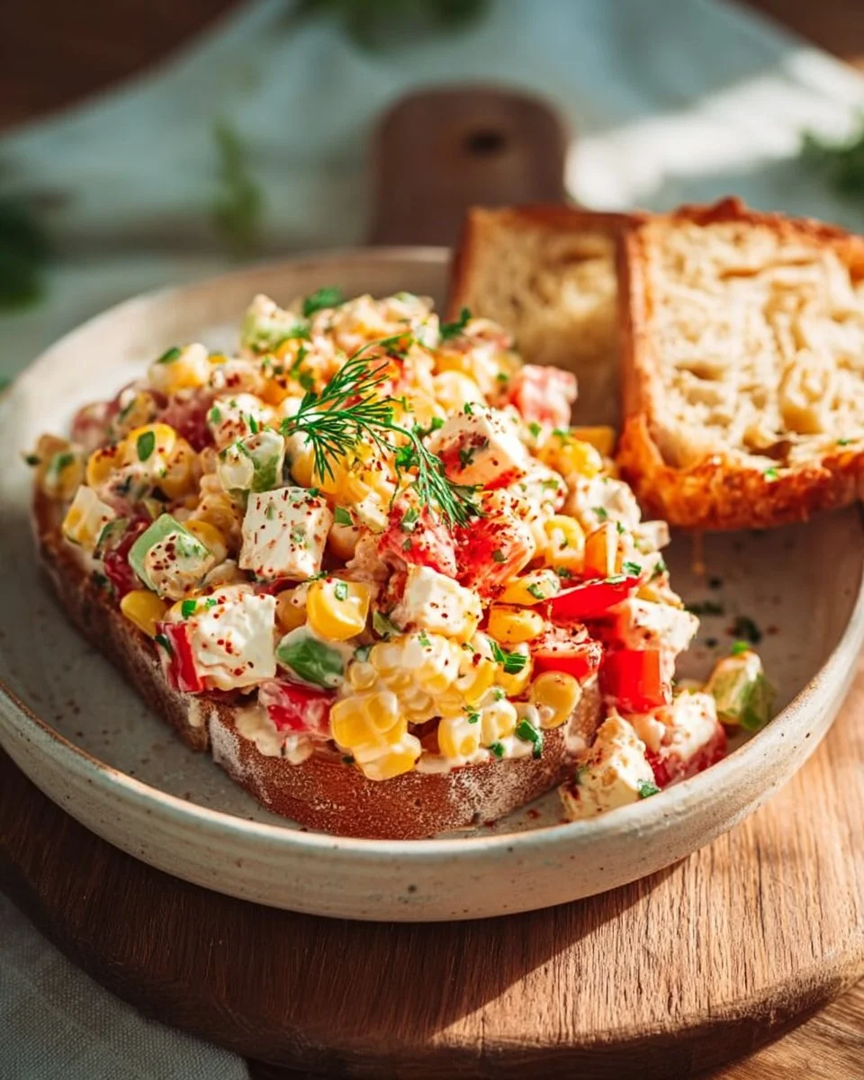 Paprika-Mais-Salat mit Feta und Joghurt auf einem Teller serviert.