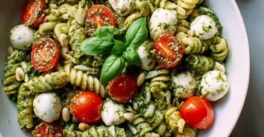 Pesto Nudelsalat mit Kirschtomaten, sommerlich frisch angerichtet