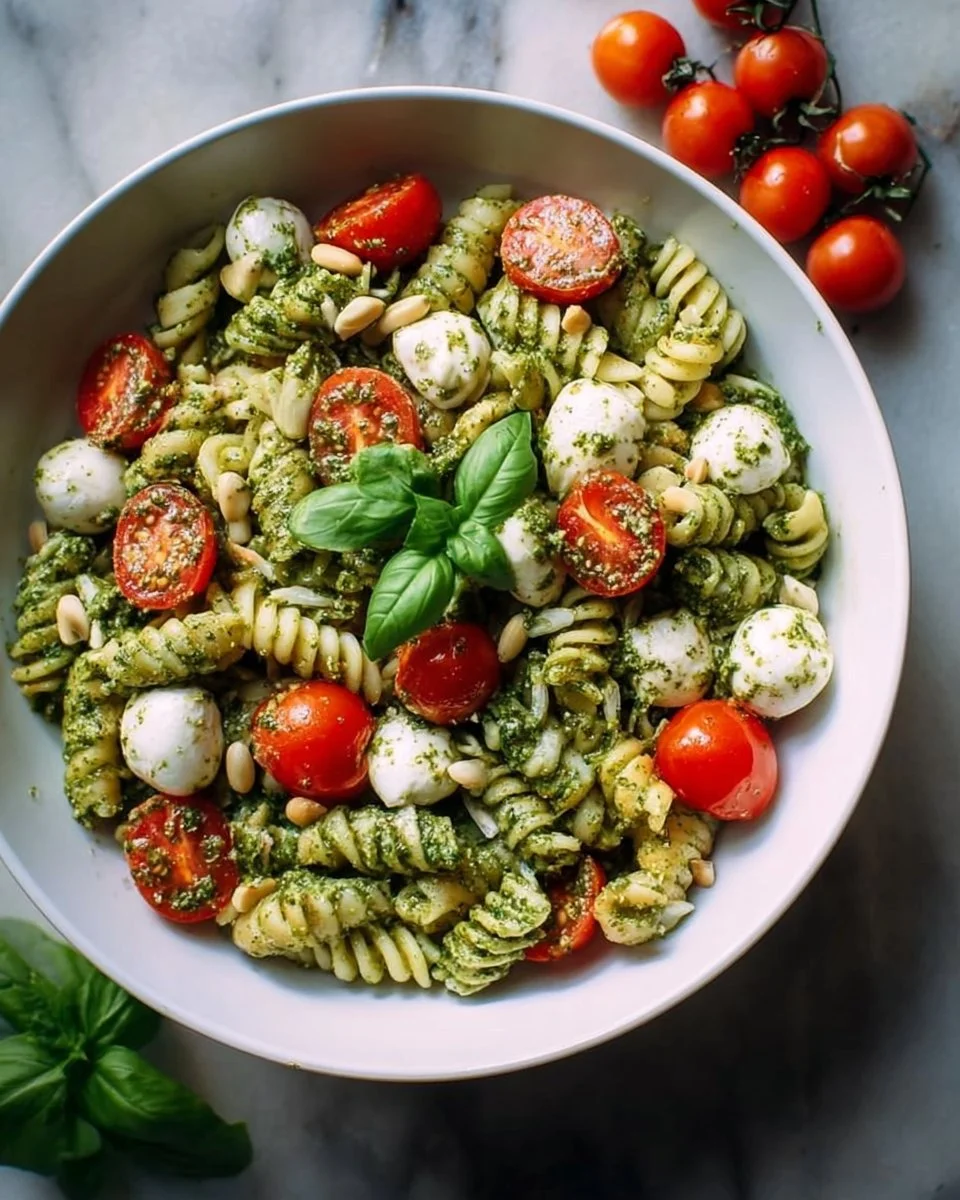 Pesto Nudelsalat mit Kirschtomaten, sommerlich frisch angerichtet