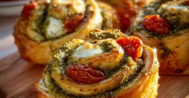 Pesto-Schnecken mit Tomaten und Mozzarella auf einem Teller angerichtet