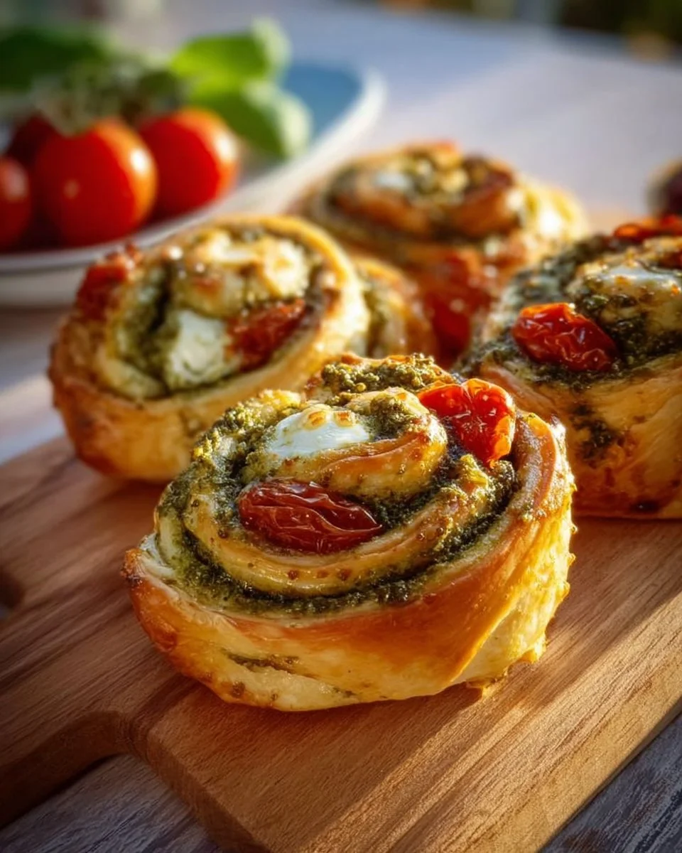 Pesto-Schnecken mit Tomaten und Mozzarella auf einem Teller angerichtet