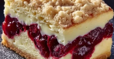Saftiger Käsekuchen mit Kirschen und knusprigen Streuseln