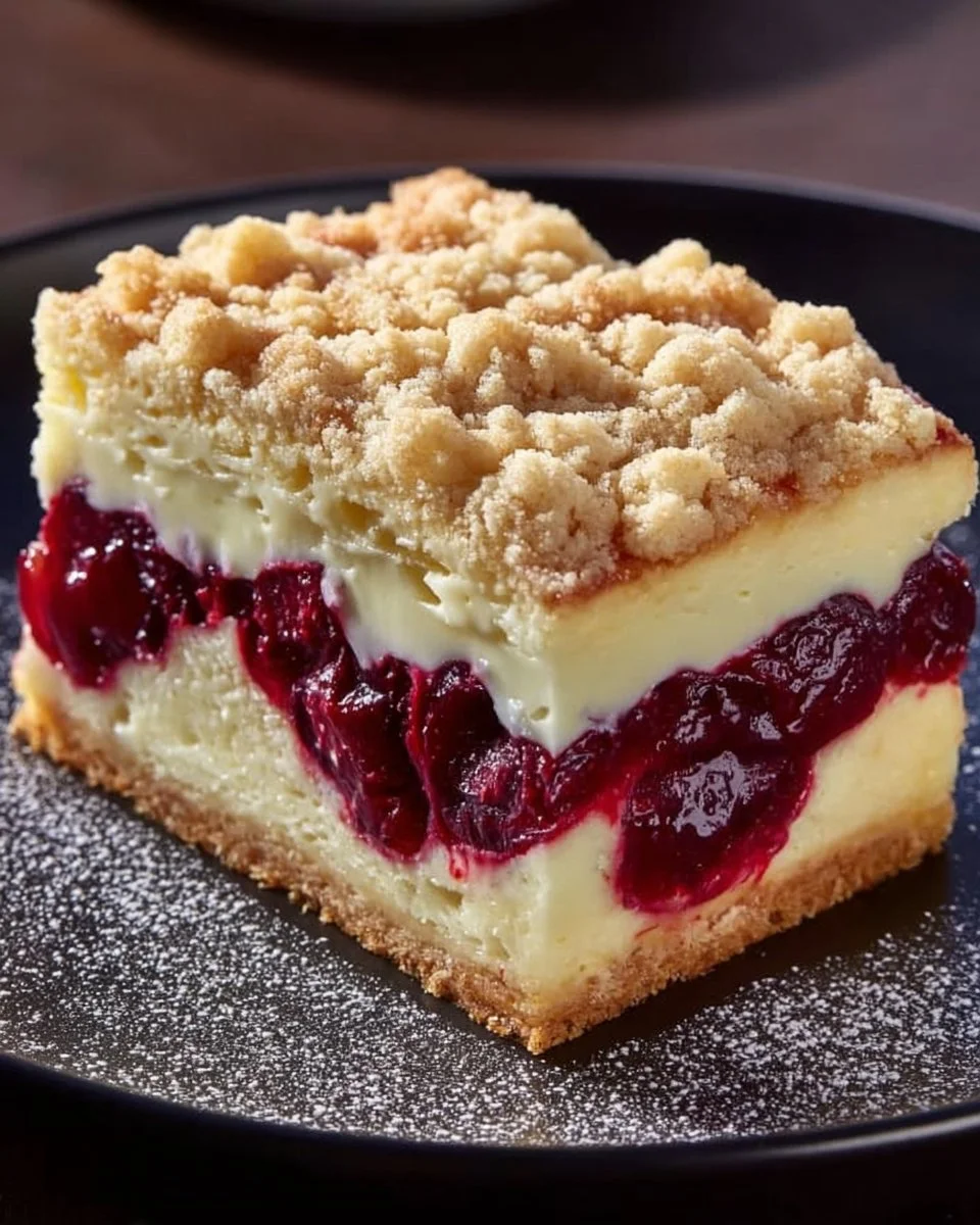 Saftiger Käsekuchen mit Kirschen und knusprigen Streuseln
