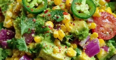 Frühlings-Avocado-Mais-Salat mit Limette auf einem weißen Teller