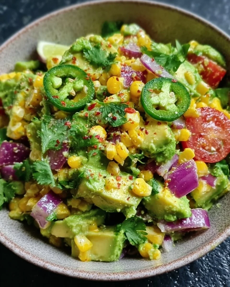 Frühlings-Avocado-Mais-Salat mit Limette auf einem weißen Teller
