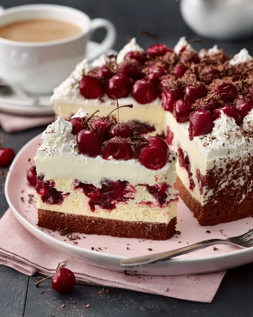 Schwarzwälder Kirschtorte vom Blech mit Schokolade und Kirschen
