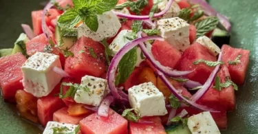 Sommerlicher Wassermelonen-Feta-Salat mit frischer Minze und Feta-Käse