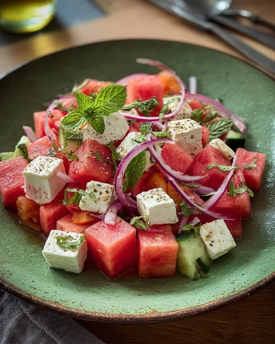 Sommerlicher Wassermelonen-Feta-Salat mit frischer Minze und Feta-Käse