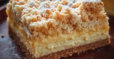Leckerer Streuselkuchen mit Pudding auf einem rustikalen Holzbrett