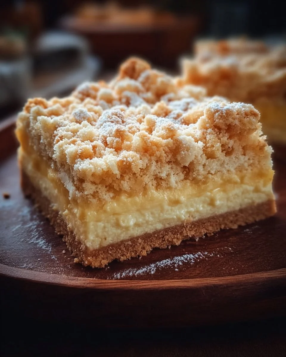Leckerer Streuselkuchen mit Pudding auf einem rustikalen Holzbrett