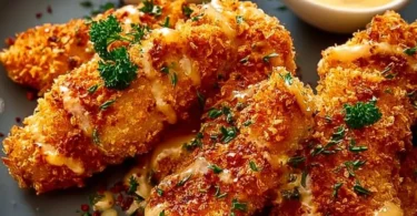 Krosse Air Fryer Hähnchenstreifen mit Honig-Senf-Sauce auf einem Teller serviert
