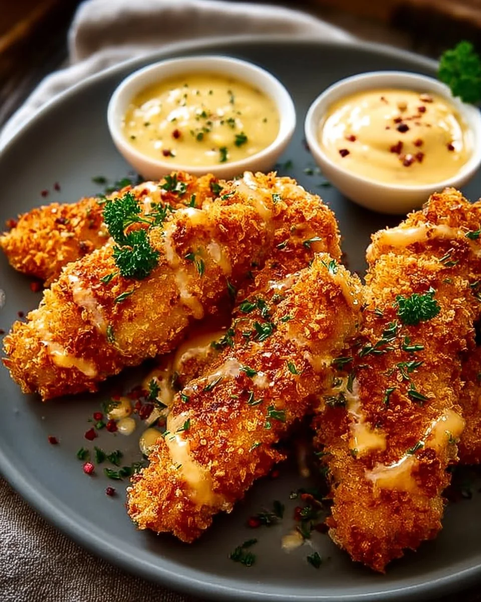 Krosse Air Fryer Hähnchenstreifen mit Honig-Senf-Sauce auf einem Teller serviert