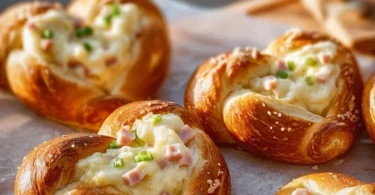 Überbackene Brezeln mit Schmand, Schinken und Käse frisch aus dem Ofen