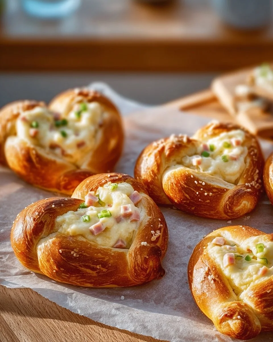 Überbackene Brezeln mit Schmand, Schinken und Käse frisch aus dem Ofen