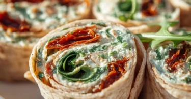Vegetarische Wrap-Röllchen mit Rucola und Tomaten auf einem Teller