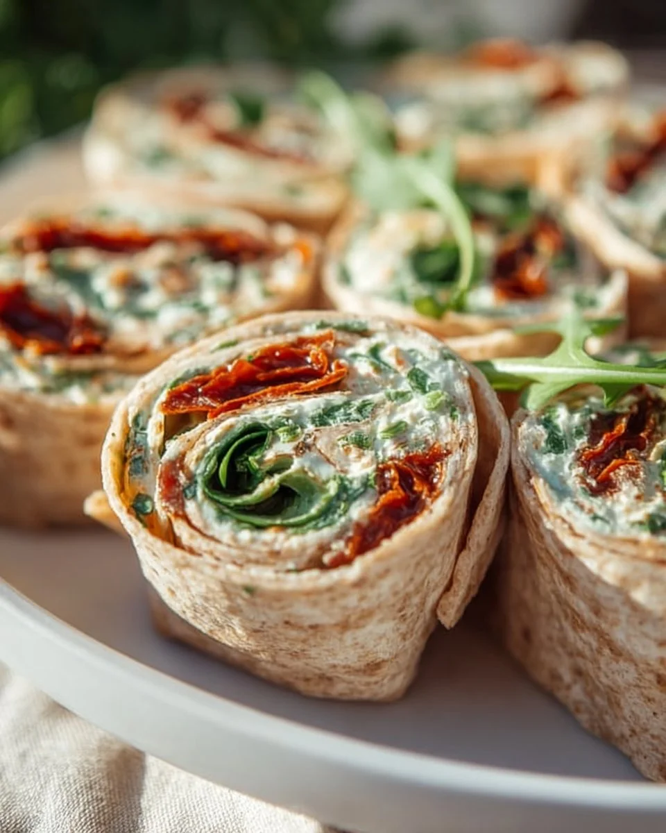 Vegetarische Wrap-Röllchen mit Rucola und Tomaten auf einem Teller