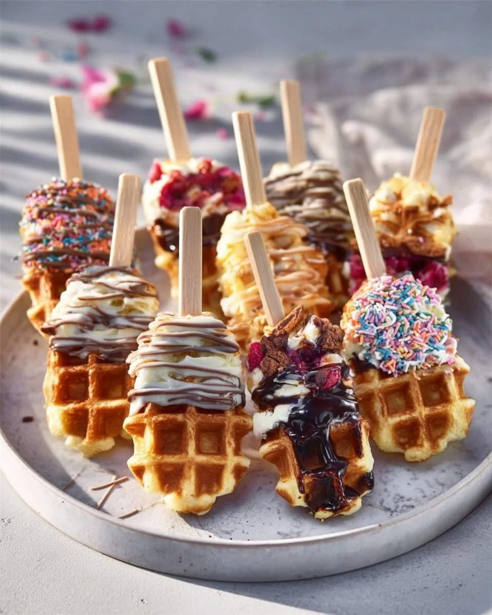 Leckere Waffeln am Stiel serviert auf einem Holzstäbchen