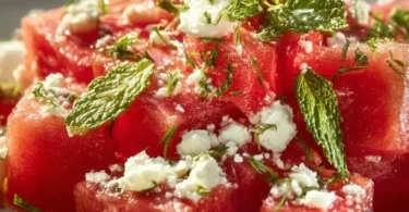 Wassermelonen-Feta-Salat mit frischen Zutaten und Dressing