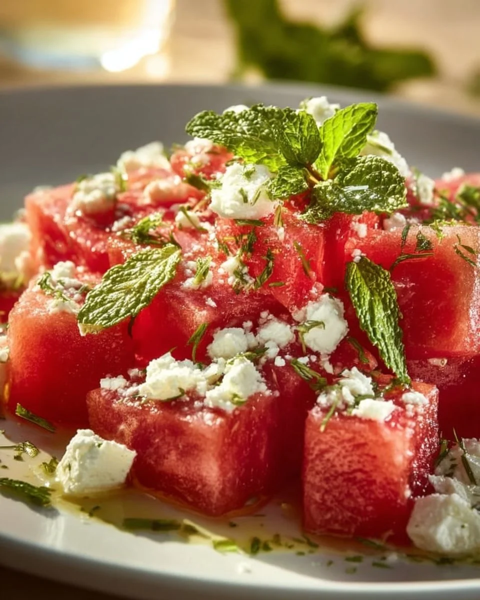 Wassermelonen-Feta-Salat mit frischen Zutaten und Dressing