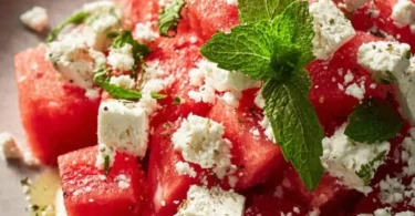 Erfrischender Wassermelonen Feta Salat mit Minzblättern auf einem Teller