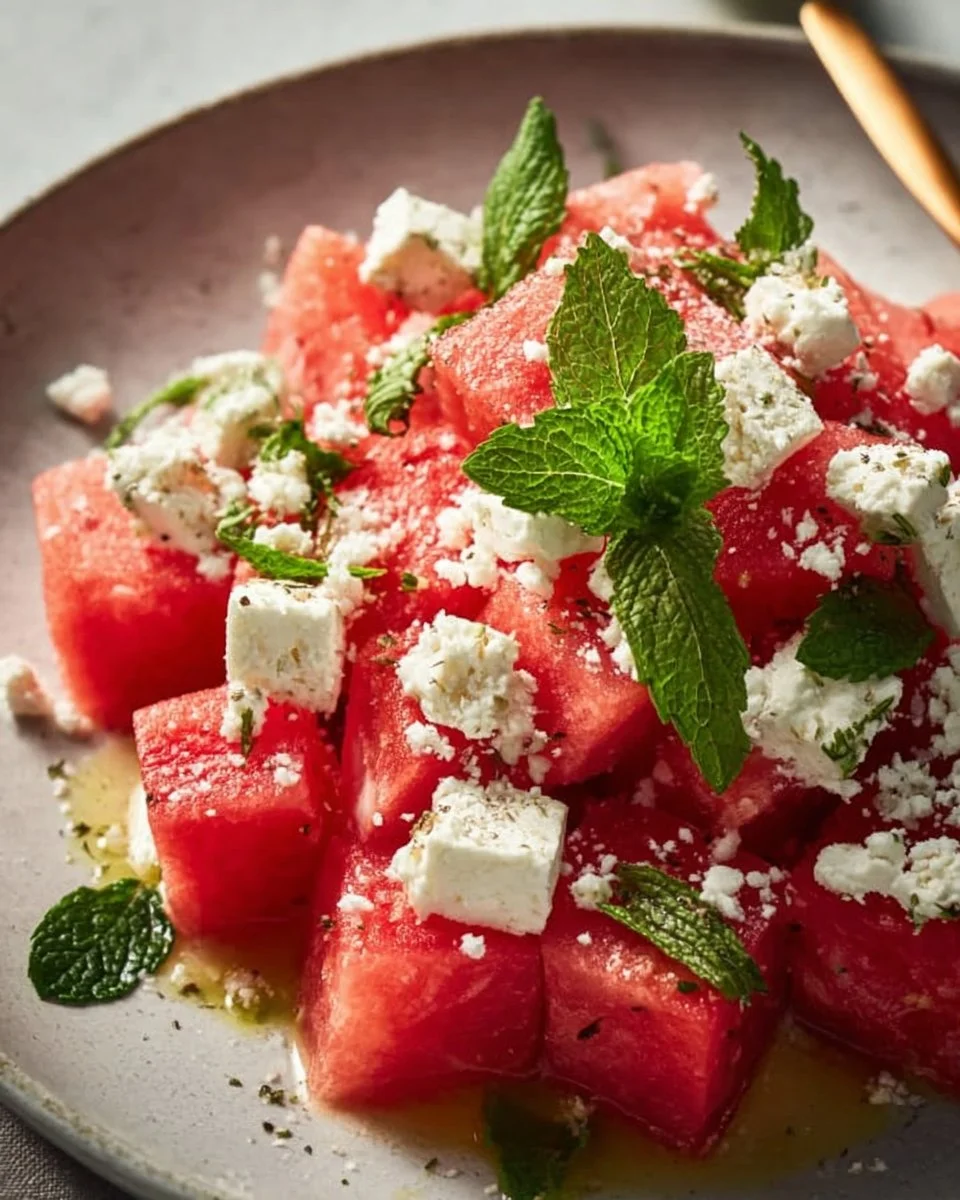 Erfrischender Wassermelonen Feta Salat mit Minzblättern auf einem Teller