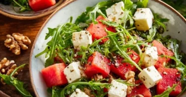 Wassermelonen-Feta-Salat mit Rucola in einer bunten Schüssel