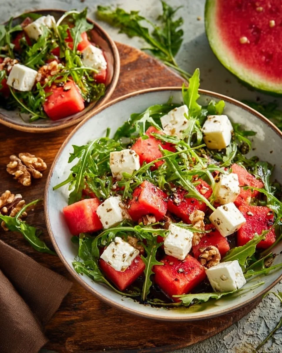 Wassermelonen-Feta-Salat mit Rucola in einer bunten Schüssel