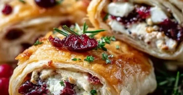 Leckere Weihnachts-Cranberry-Feta-Wickel auf einem Teller serviert.