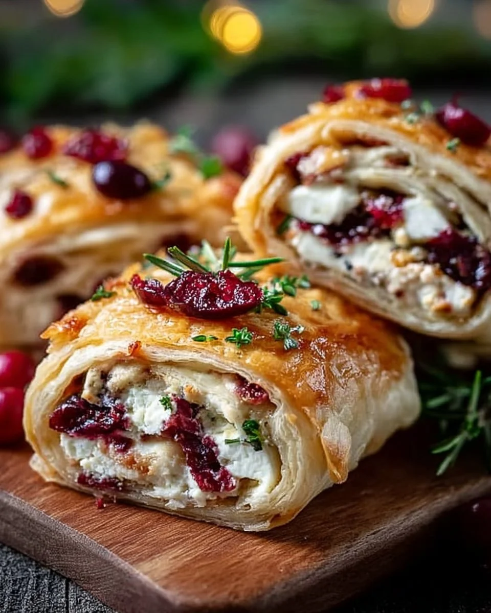 Leckere Weihnachts-Cranberry-Feta-Wickel auf einem Teller serviert.