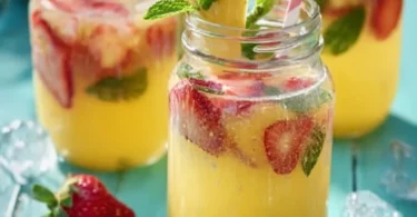 Erfrischende Ananas-Erdbeer-Bowle in einer schönen Glasservierplatte