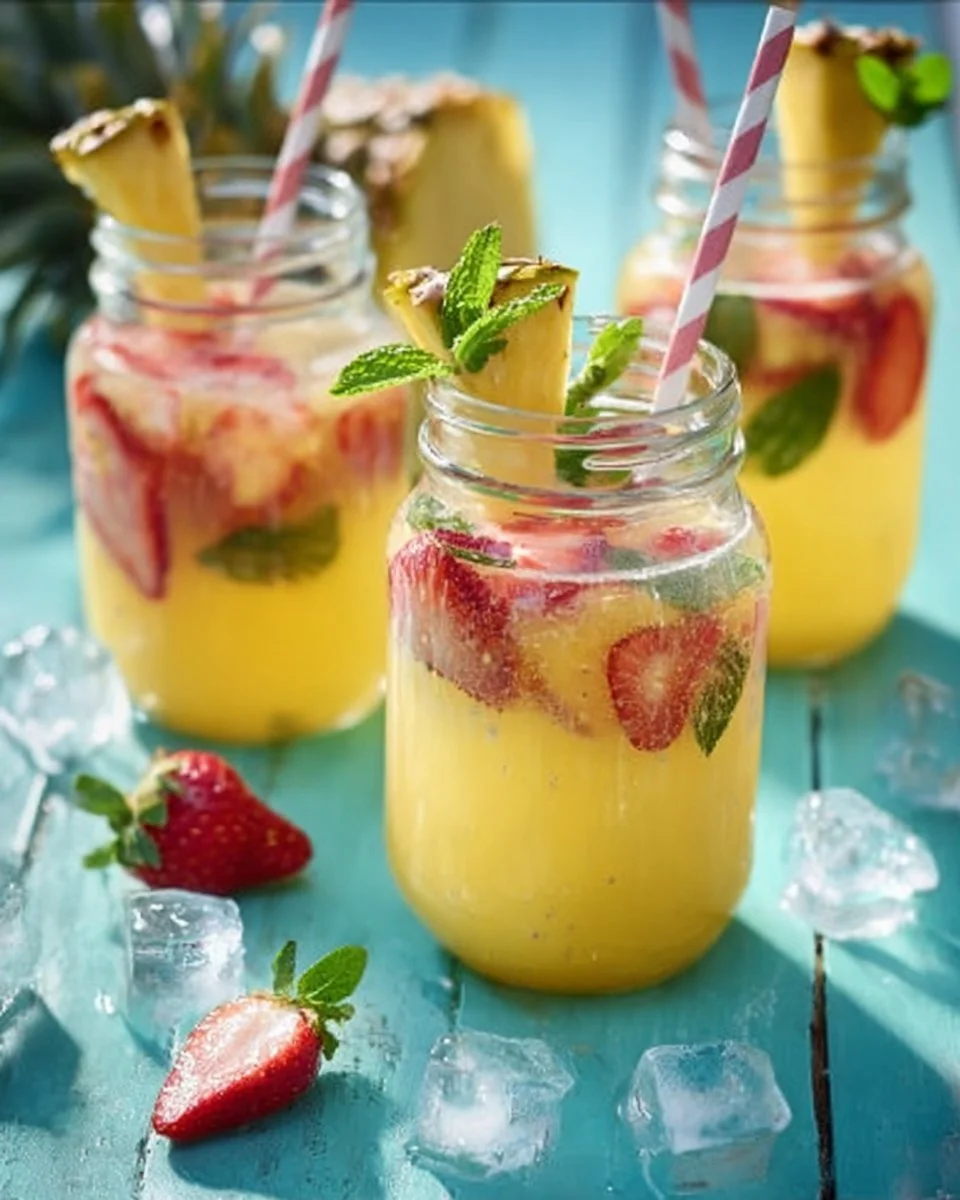 Erfrischende Ananas-Erdbeer-Bowle in einer schönen Glasservierplatte