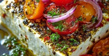 Gebackener Feta-Käse im griechischen Stil mit Tomaten und Oliven