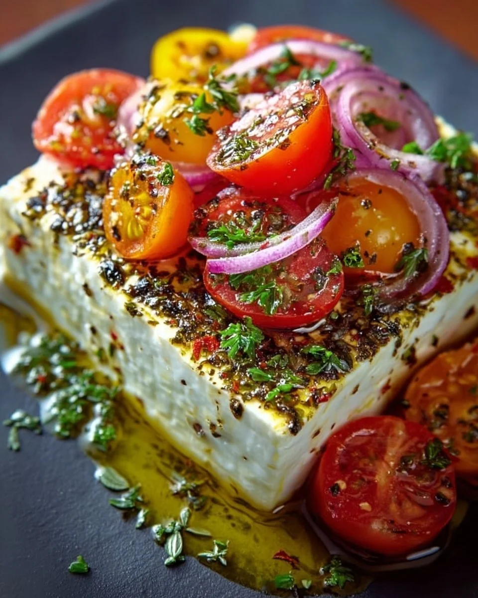 Gebackener Feta-Käse im griechischen Stil mit Tomaten und Oliven