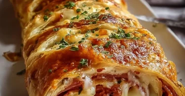 Blätterteig-Stromboli mit köstlicher Füllung auf einem Holzbrett