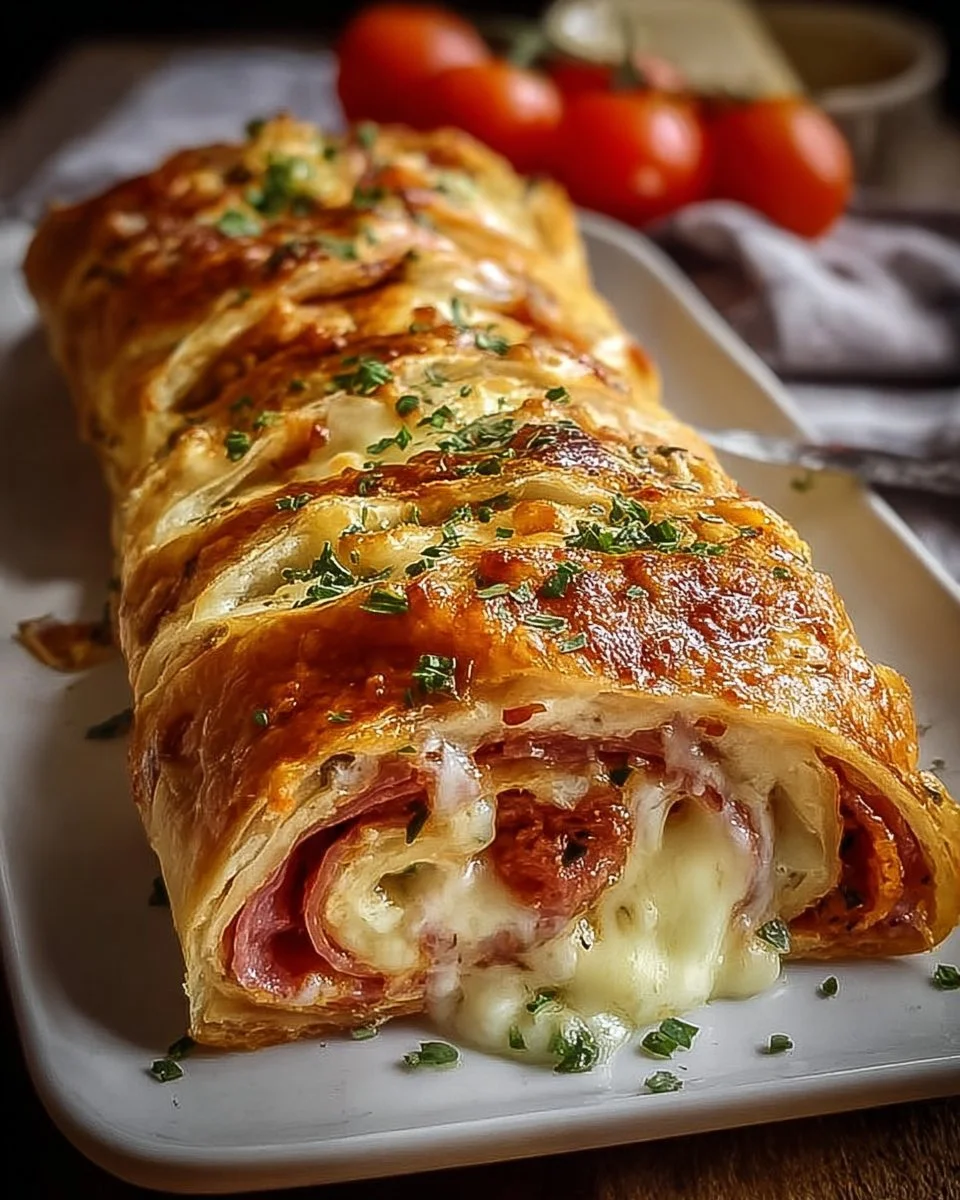 Blätterteig-Stromboli mit köstlicher Füllung auf einem Holzbrett
