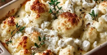 Blumenkohl-Hack-Auflauf mit Feta auf einem Teller serviert