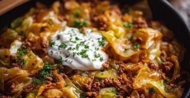 Delikate Spitzkohl-Hackfleisch-Pfanne auf einem Teller serviert