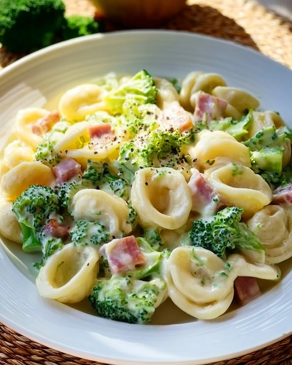 Teller mit Brokkoli Schinken Pasta, dekoriert mit frischen Kräutern
