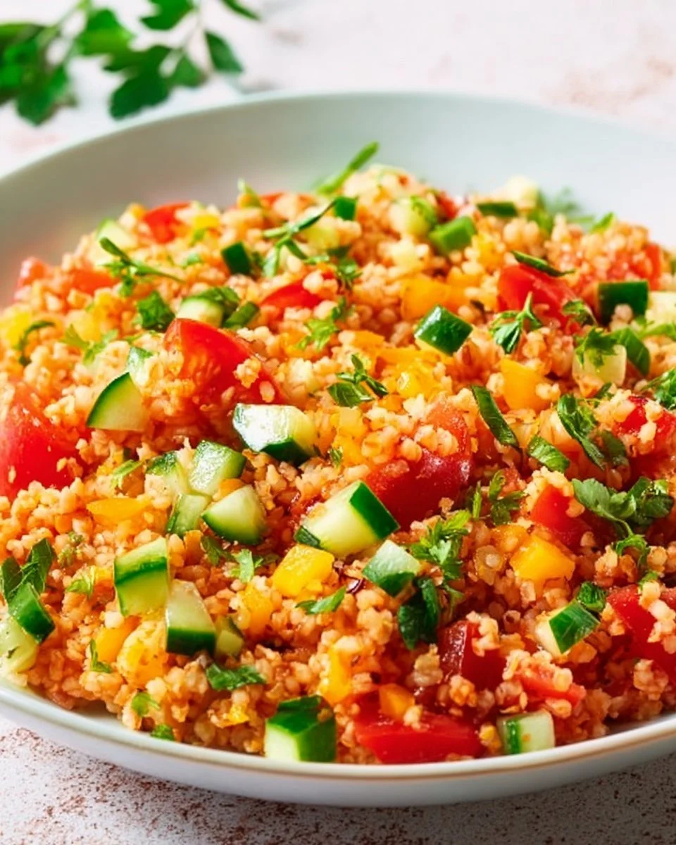 Frischer Bulgursalat mit Gemüse in einer Schüssel serviert