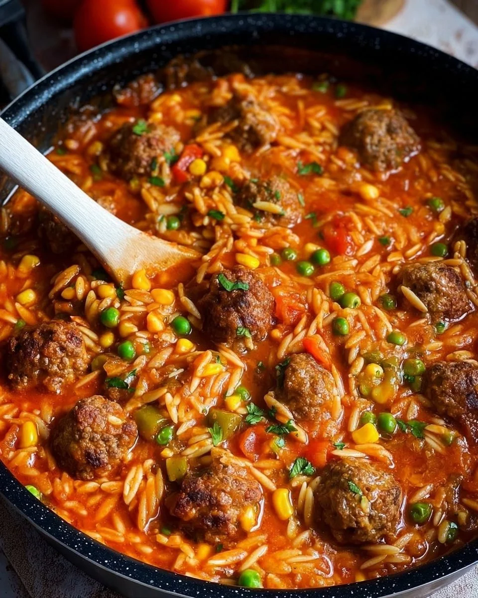 Bunte Orzo-Pfanne mit Hackbällchen